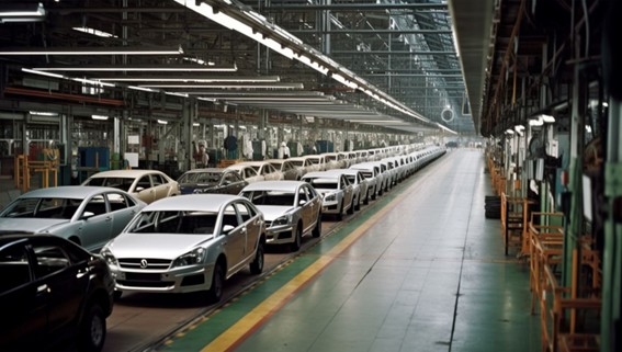 Línea de ensamblaje de automóviles en una fábrica industrial, con varios autos en proceso de producción avanzando en fila dentro de una planta bien iluminada.