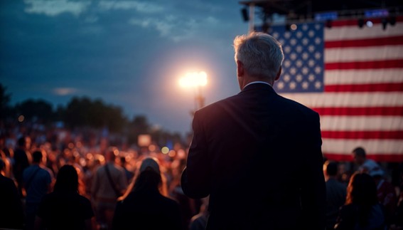 Una figura política dando un discurso en un mitin con la bandera de Estados Unidos al fondo y un reflector iluminando la escena